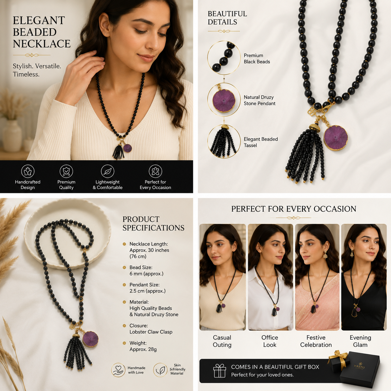 Handmade Black Beaded Tassel Necklace with Purple Druzy Stone Pendant for Women | Boho Statement Jewelry | Long Fashion Necklace