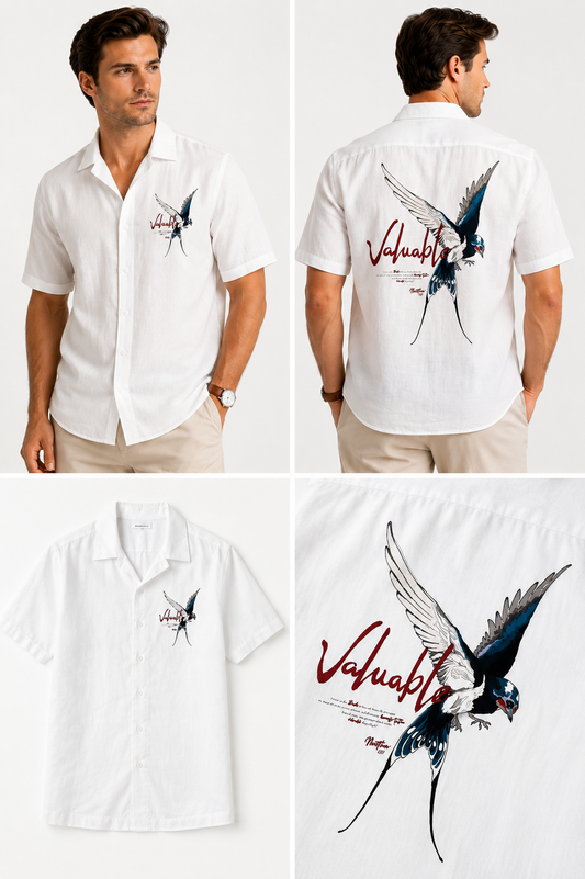 Men's Premium White Linen Blend Shirt – Swallow Bird Graphic Print Casual Summer Shirt