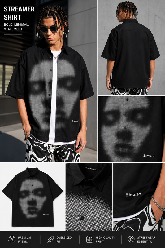 Streamer™ Oversized Halftone Face Print Shirt – Premium Streetwear Button-Up