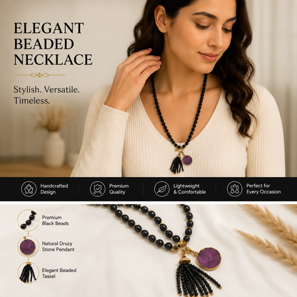 Handmade Black Beaded Tassel Necklace with Purple Druzy Stone Pendant for Women | Boho Statement Jewelry | Long Fashion Necklace