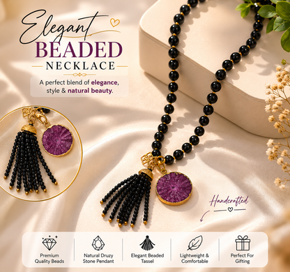 Handmade Black Beaded Tassel Necklace with Purple Druzy Stone Pendant for Women | Boho Statement Jewelry | Long Fashion Necklace