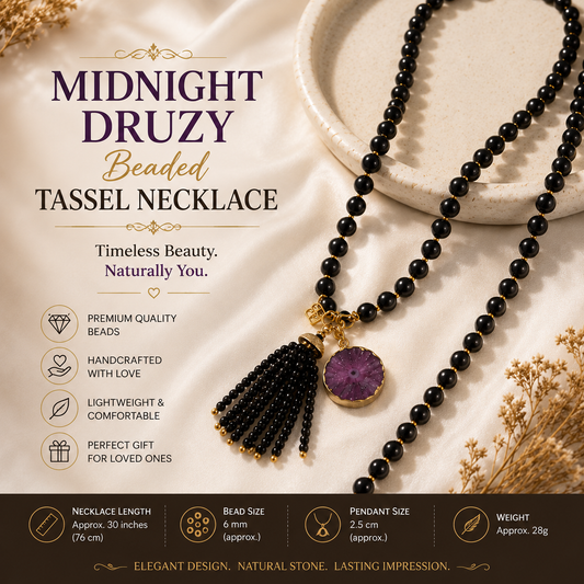 Handmade Black Beaded Tassel Necklace with Purple Druzy Stone Pendant for Women | Boho Statement Jewelry | Long Fashion Necklace