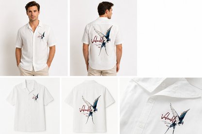 Men's Premium White Linen Blend Shirt – Swallow Bird Graphic Print Casual Summer Shirt