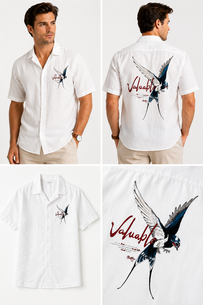Men's Premium White Linen Blend Shirt – Swallow Bird Graphic Print Casual Summer Shirt