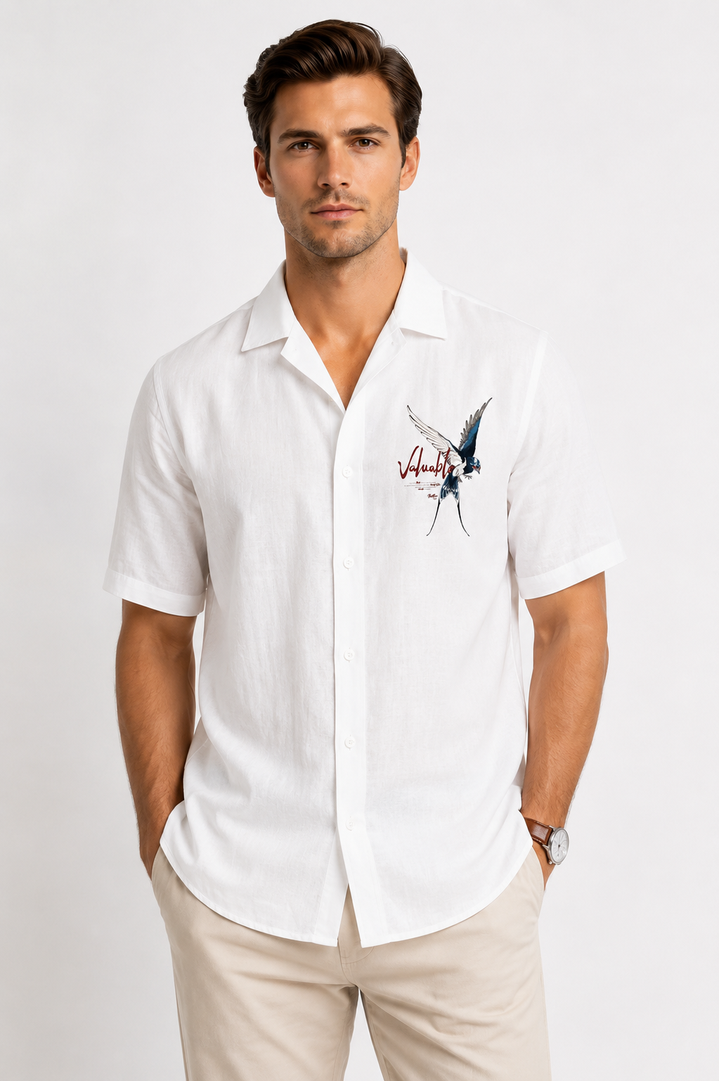 Men's Premium White Linen Blend Shirt – Swallow Bird Graphic Print Casual Summer Shirt