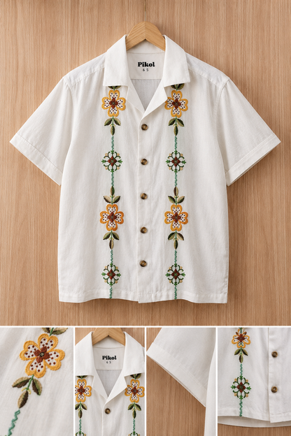 Men’s Premium Embroidered Cuban Collar Shirt – White Floral Summer Casual Shirt