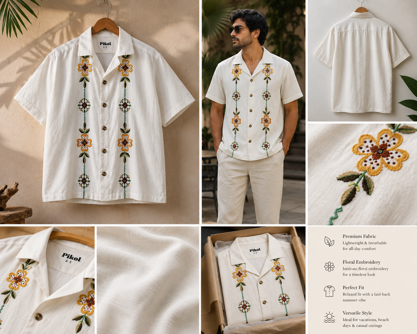 Men’s Premium Embroidered Cuban Collar Shirt – White Floral Summer Casual Shirt
