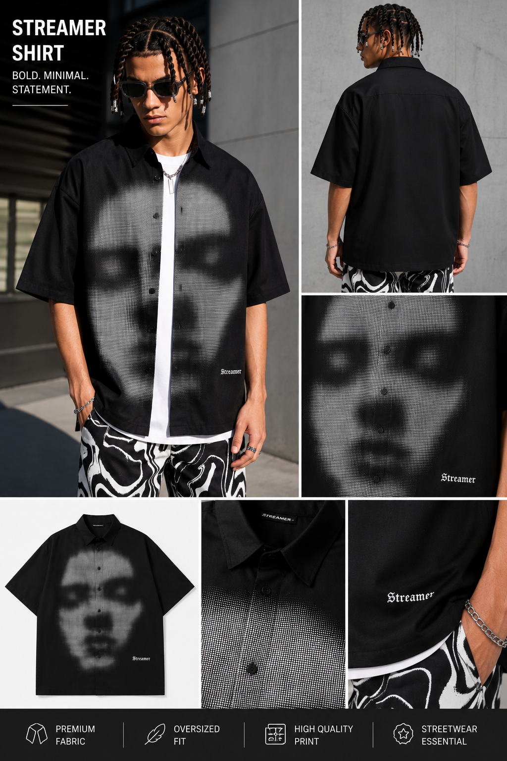 Streamer™ Oversized Halftone Face Print Shirt – Premium Streetwear Button-Up