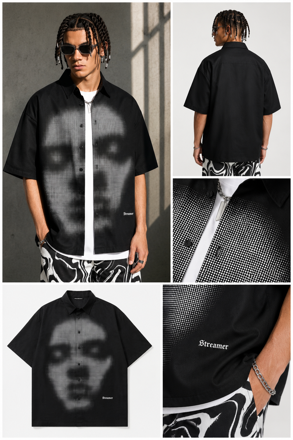 Streamer™ Oversized Halftone Face Print Shirt – Premium Streetwear Button-Up