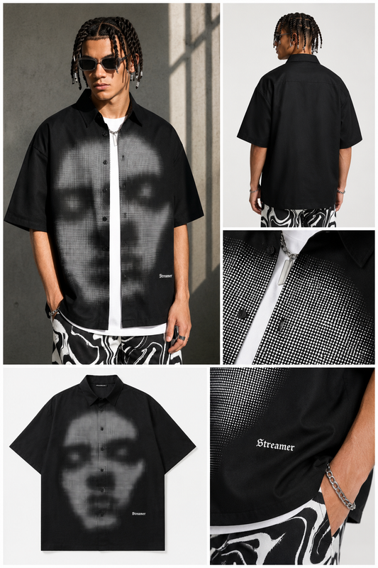 Streamer™ Oversized Halftone Face Print Shirt – Premium Streetwear Button-Up