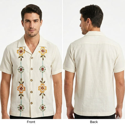 Men’s Premium Embroidered Cuban Collar Shirt – White Floral Summer Casual Shirt