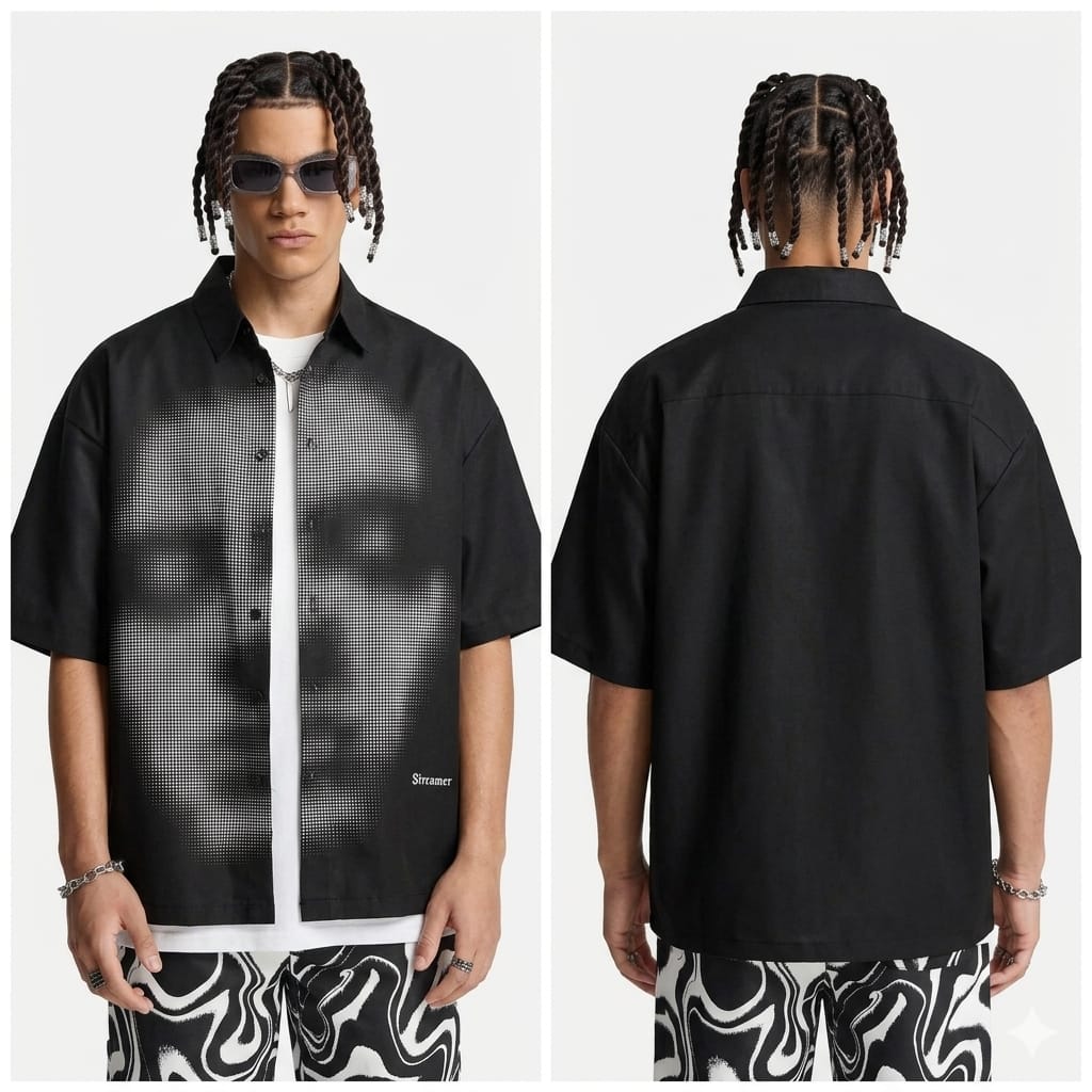 Streamer™ Oversized Halftone Face Print Shirt – Premium Streetwear Button-Up