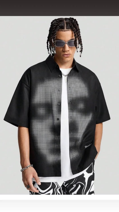 Streamer™ Oversized Halftone Face Print Shirt – Premium Streetwear Button-Up
