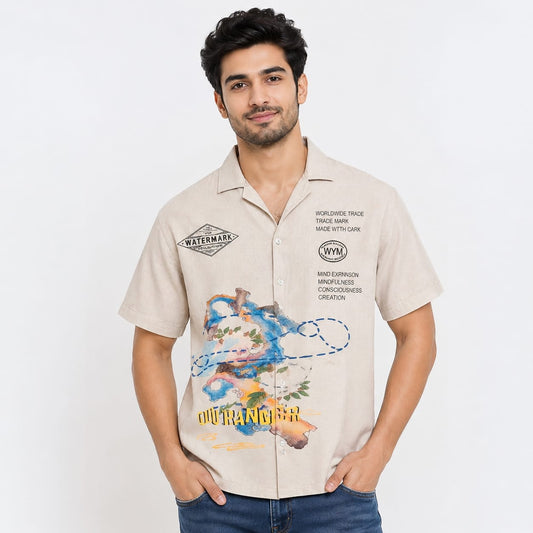 Men’s Beige Abstract Graphic Printed Cuban Collar Half Sleeve Casual Shirt